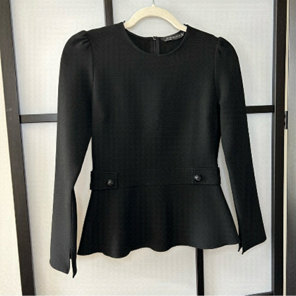 [s] Zara Black High Neck 3/4 Long Sleeve Peplum Blouse Top with Button Detail